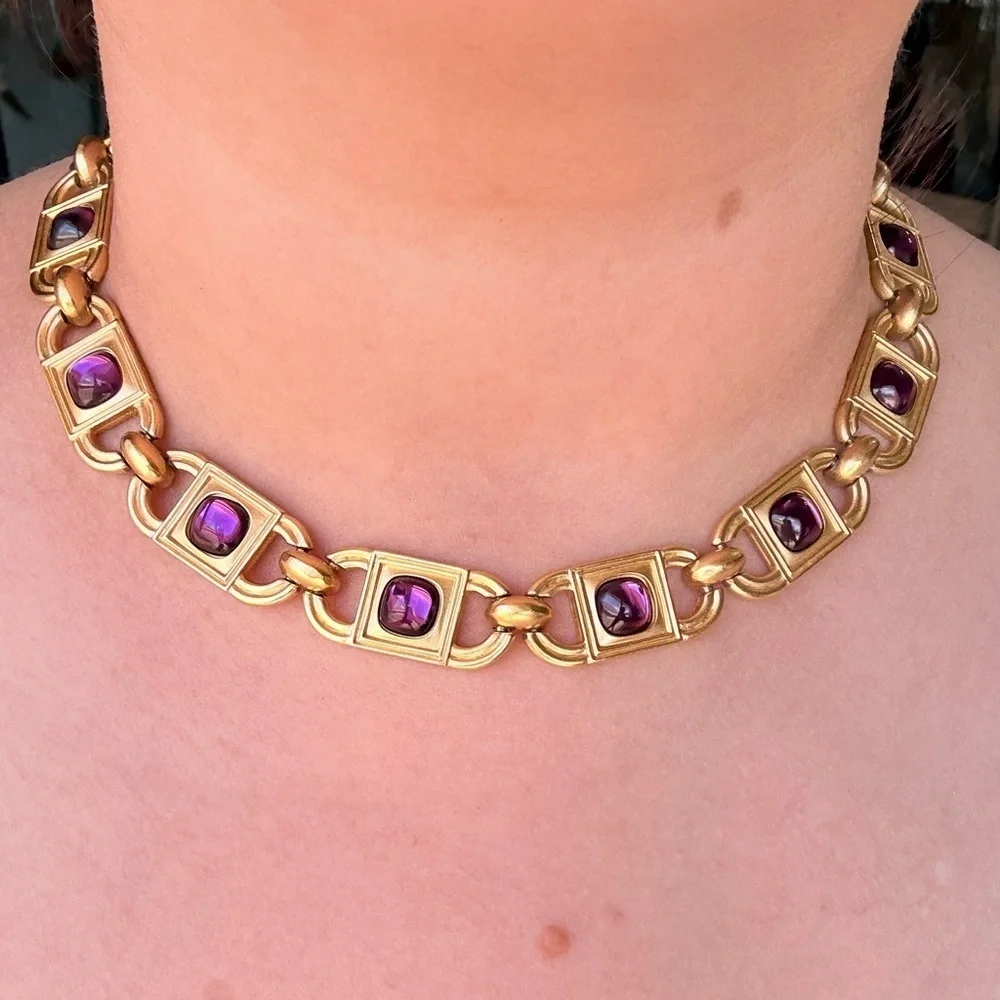 Monet for YSL 1980s Amethyst Glass Cabochon Link Necklace and earrings 68g - Picture 3 of 14